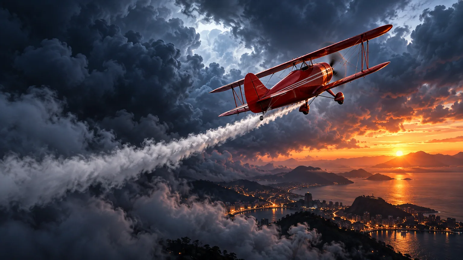 Original red biplane climbing above a coastal city through storm clouds