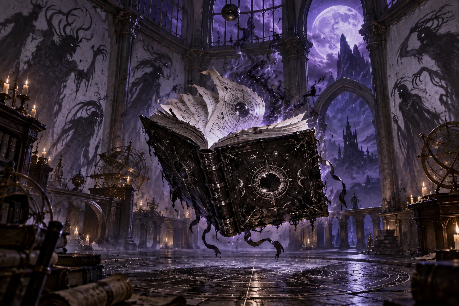 Original black spellbook floating in a moonlit gothic observatory