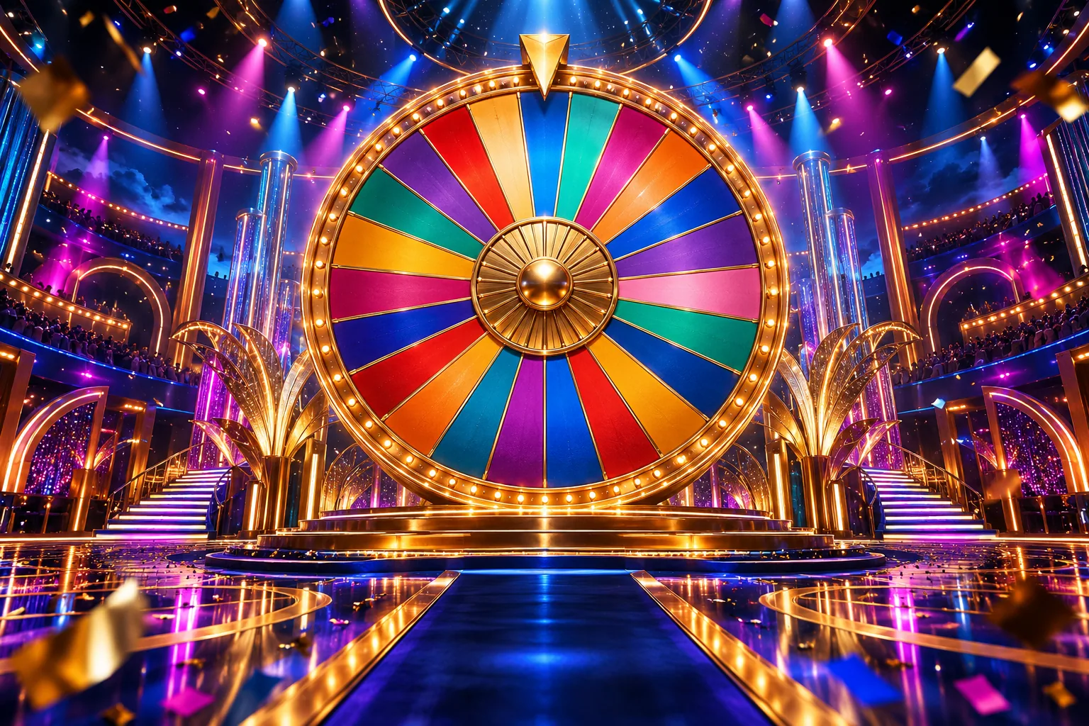 Original colourful prize wheel in a midnight television studio