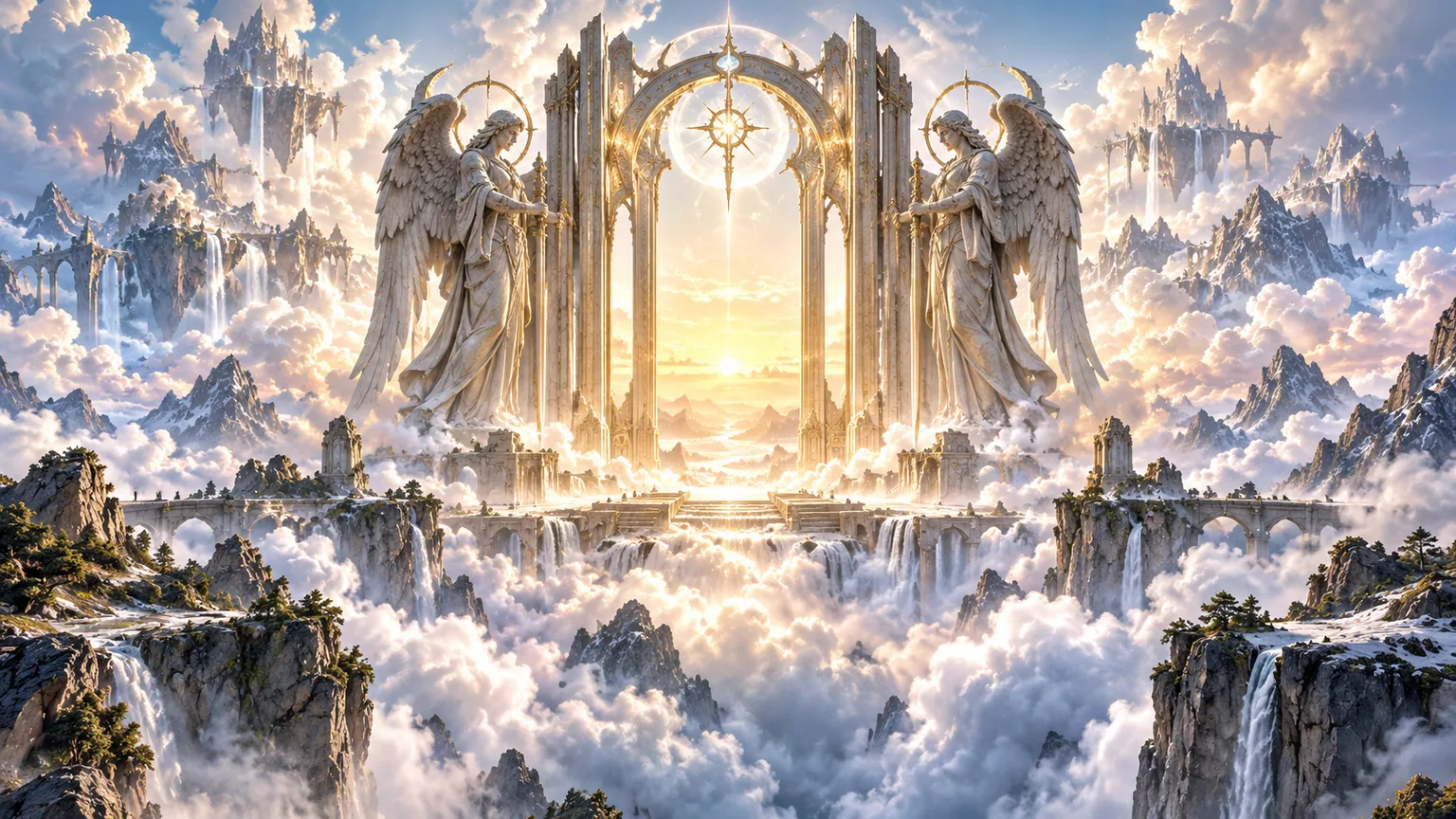 Original celestial gateway guarded by two stone angels above clouds