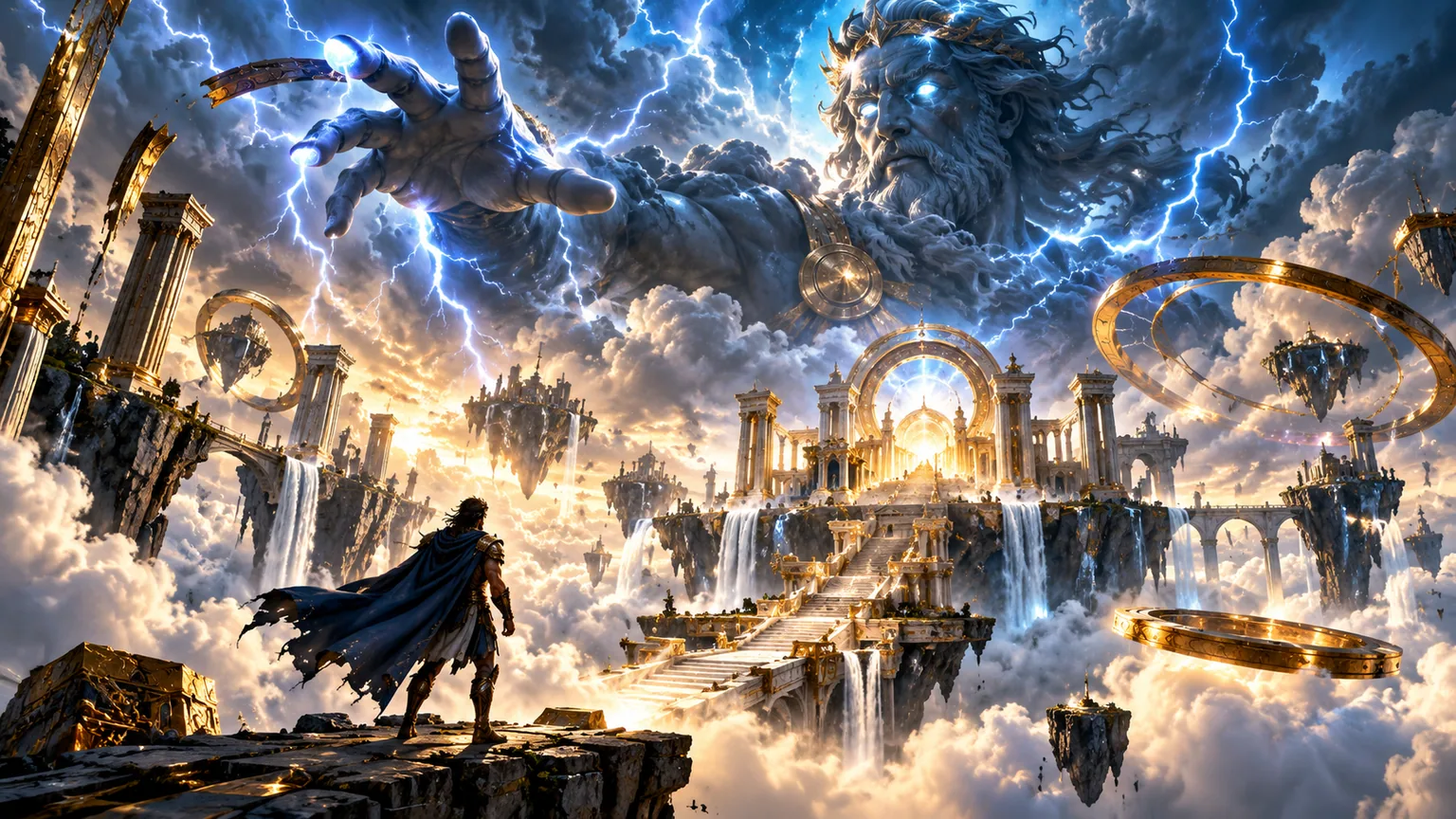 Original editorial art of a thunder deity above a floating sky temple