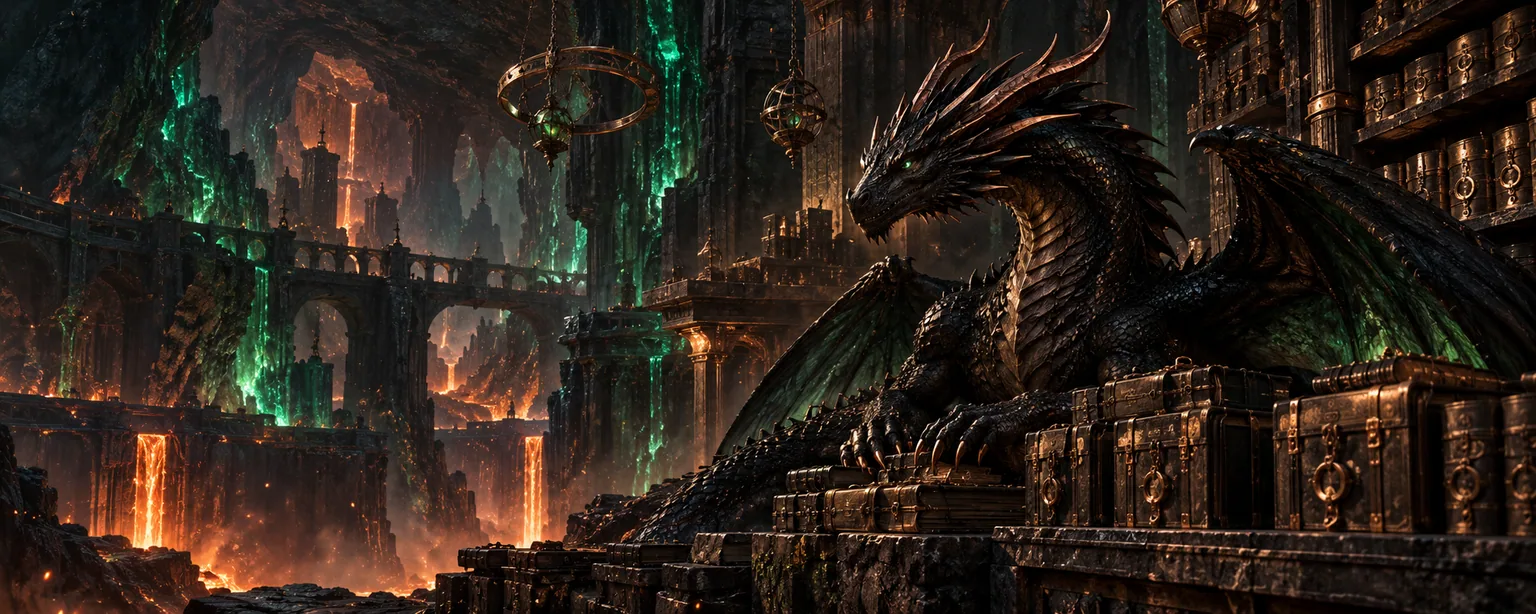 Original obsidian dragon guarding an underground archive of sealed ledgers