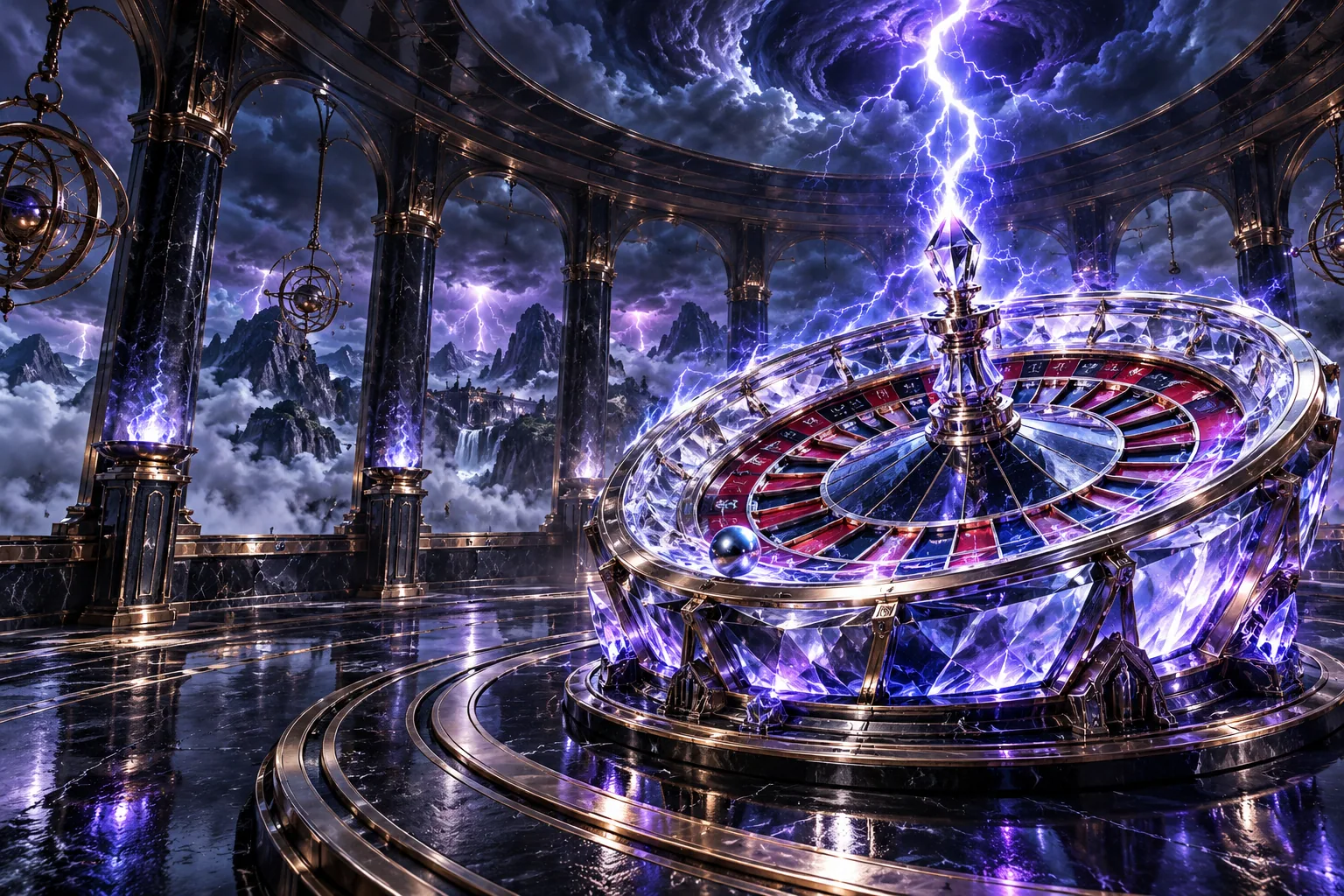 Original crystal roulette wheel struck by lightning in a storm observatory