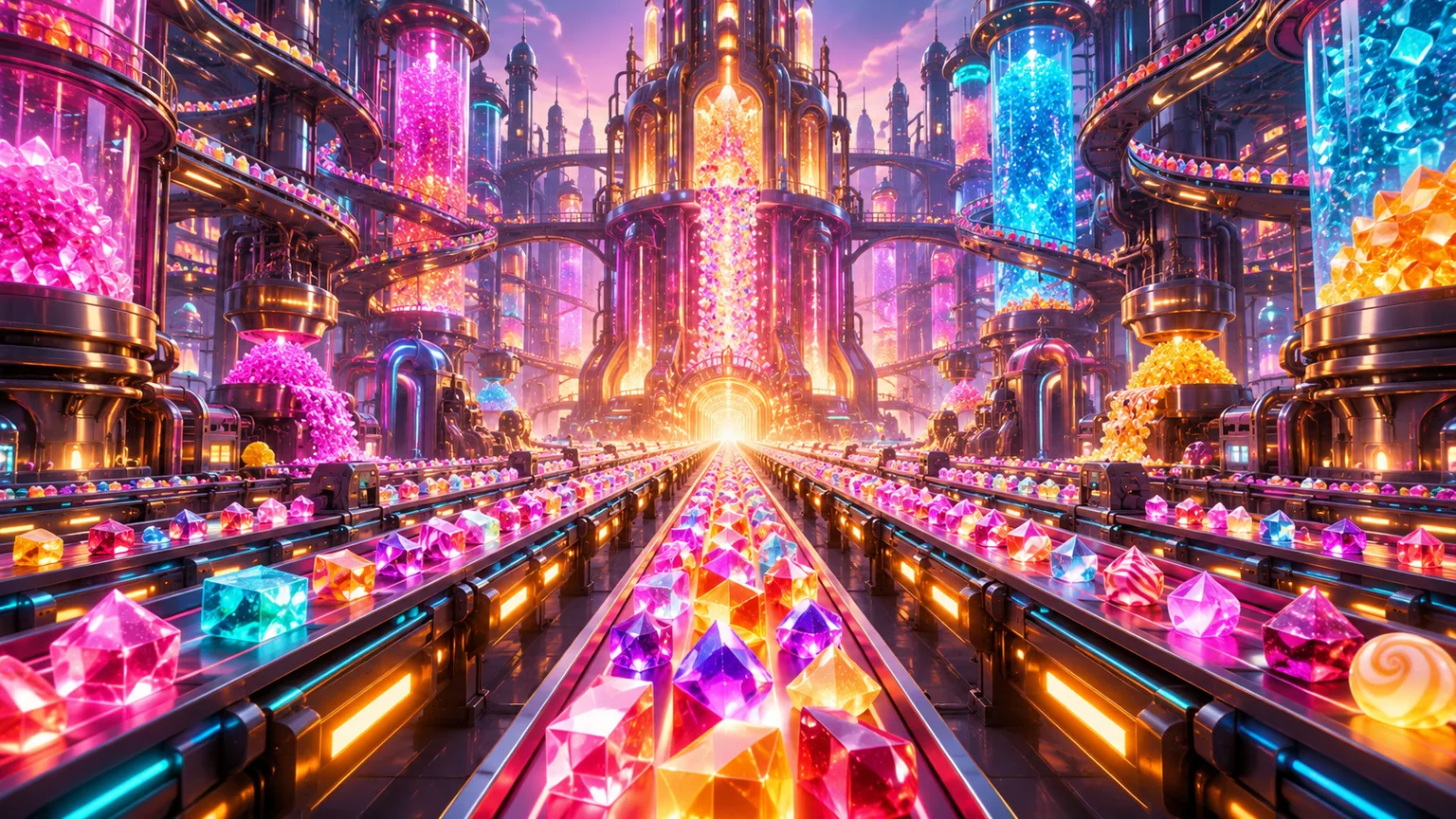 Original neon candy refinery with glowing sugar prisms on conveyors