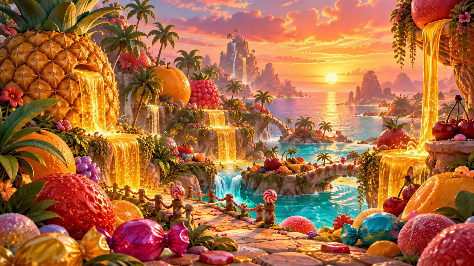 Original tropical candy orchard with giant fruit and golden fountains