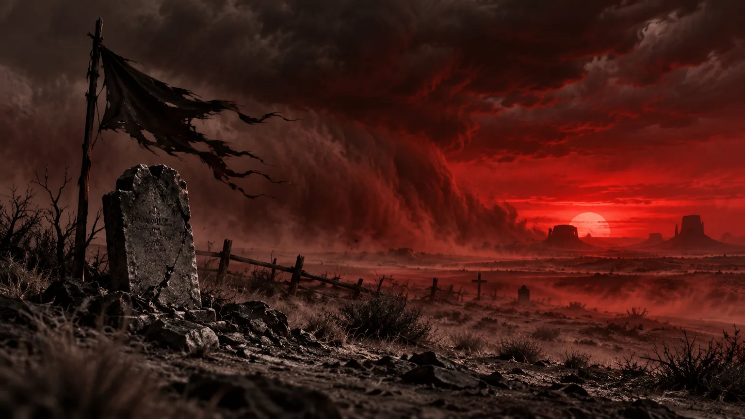 Original frontier cemetery under a crimson dust storm