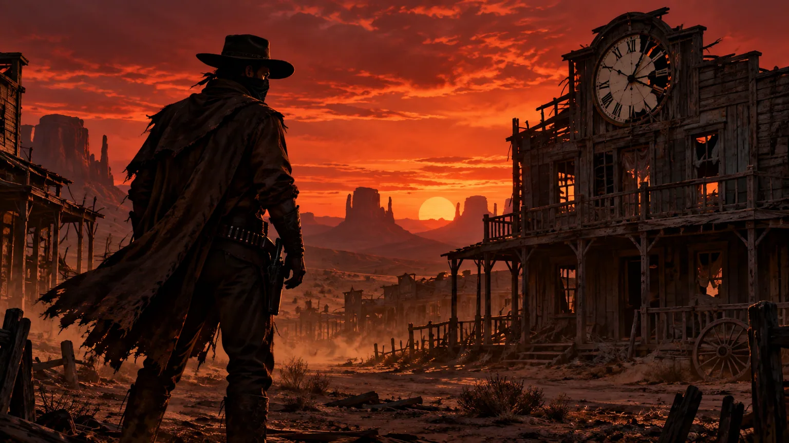 Original masked outlaw in a desert ghost town at sunset